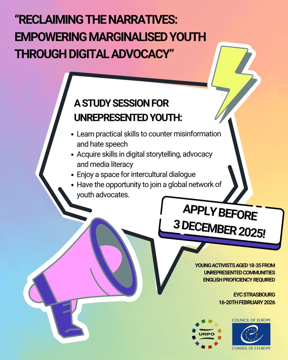 🚀 Applications are open!
Join our 2026 Study Session: “Reclaiming the Narratives: Empowering Marginalized Youth through Digital Advocacy” 16–20 Feb 2025, Strasbourg. 

🔗 Apply now: docs.google.com/forms/d/19ExaB…