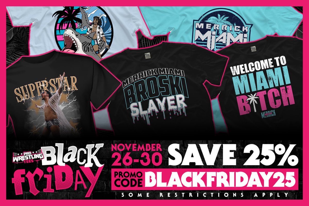 🚨BLACK FRIDAY SALE🚨 

Head on over to my Pro Wrestling Tees store and snag your online exclusive merch for 25% off now through Sunday to make your Christmas shopping a breeze. 🌴

prowrestlingtees.com/diamondmerch

#merrickmiami #wwe #wrestling #merch