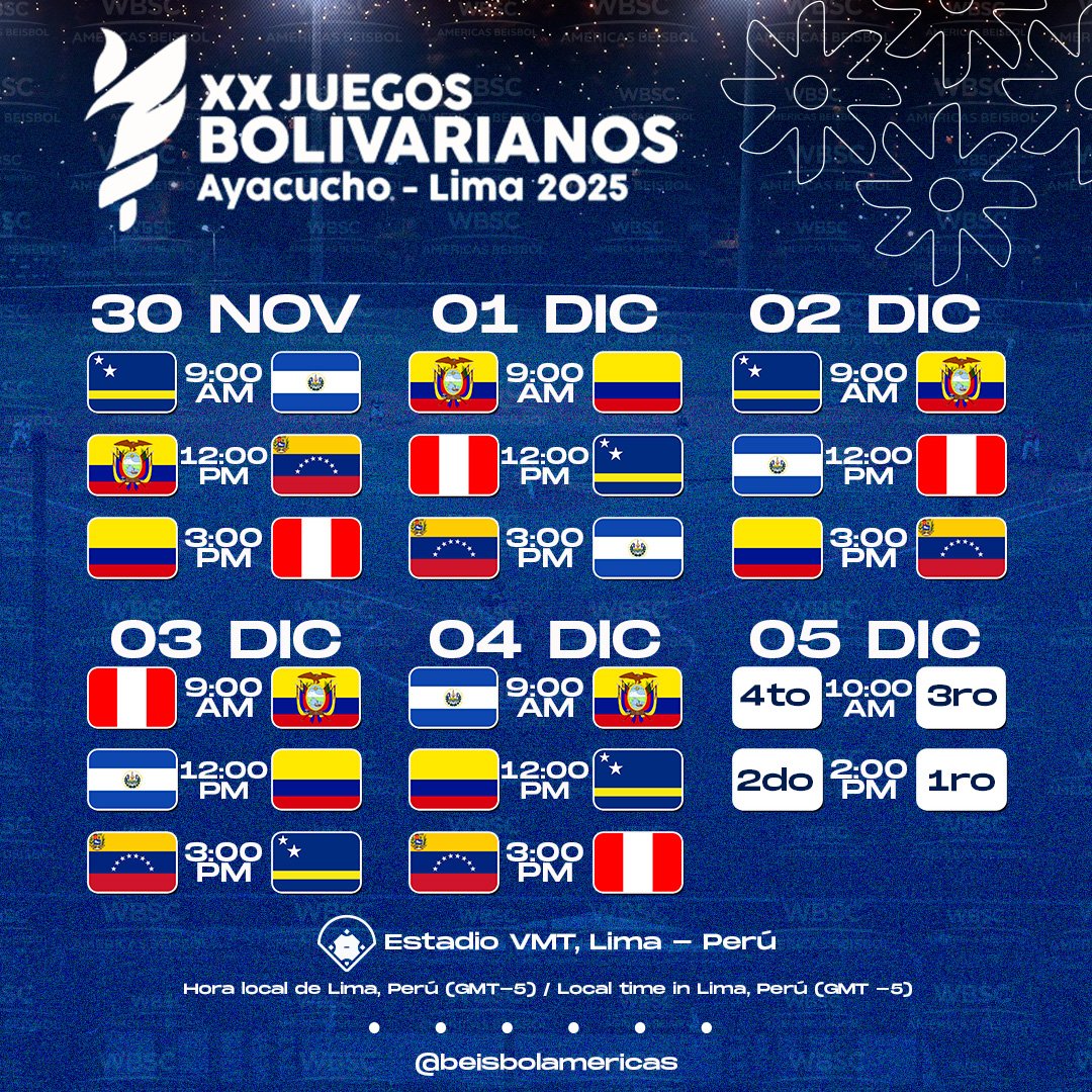 #Bolivarianos 🏆

Grupo 🔠 y calendario 📆 oficial del evento

🇨🇼🇨🇴🇪🇨🇸🇻🇻🇪🇵🇪

Group 🔠 and official calendar 📆 of the event

🏟 Estadio Villa María del Triunfo 
📍 Lima, Perú 🇵🇪

Detalles/Details 💻 wbscamericas.org

#OurGame 
#NuestroJuego