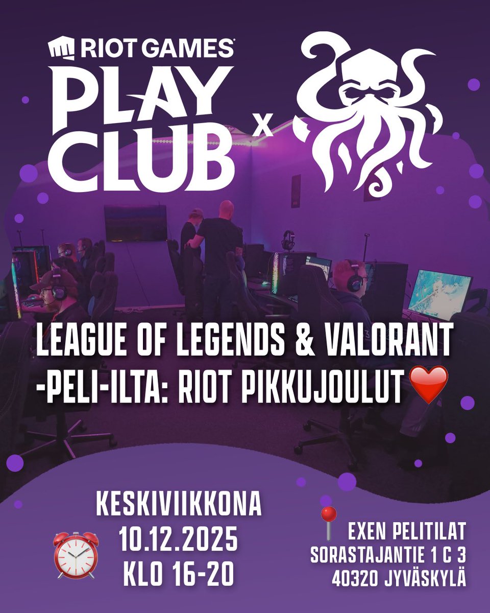 Tervetuloa viettämään tunnelmallinen talvi-ilta EXENin Riot Play Clubiin 10.12.! 

Luvassa on chilliä LOLin ja Valorantin pelailua, ja kuka tietää, vaikka voittaisit meidän onnenpyörästä Riotin jouluiset sukat itsellesi tai pukinkonttiin 😎❤️

🗓️ 10.12.
🕐 16-20
📍 EXEN Pelitilat