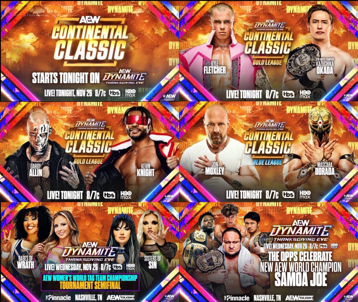 Announced for AEW Dynamite tonight:

• Kyle Fletcher vs. Kazuchika Okada - Continental Classic Gold League

• Darby Allin vs. Kevin Knight - Continental Classic Gold League

• Jon Moxley vs. Mascara Dorada - Continental Classic Blue League

• Babes of Wrath vs. Sisters of Sin