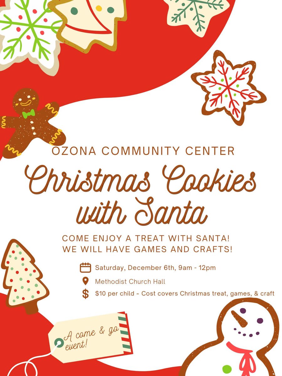 Cookies with Santa December 6th at the Methodist Church Hall from 9am to 12pm $10 per child don't miss out on community fun.🍪🎅🎄
