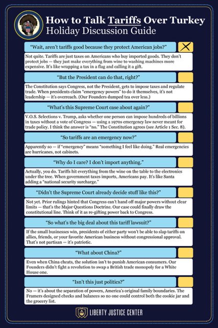 I strongly advise you not to discuss tariffs tomorrow, but if you must discuss them, here's a handy guide from the folks at <a href="/LJCenter/">Liberty Justice Center</a>