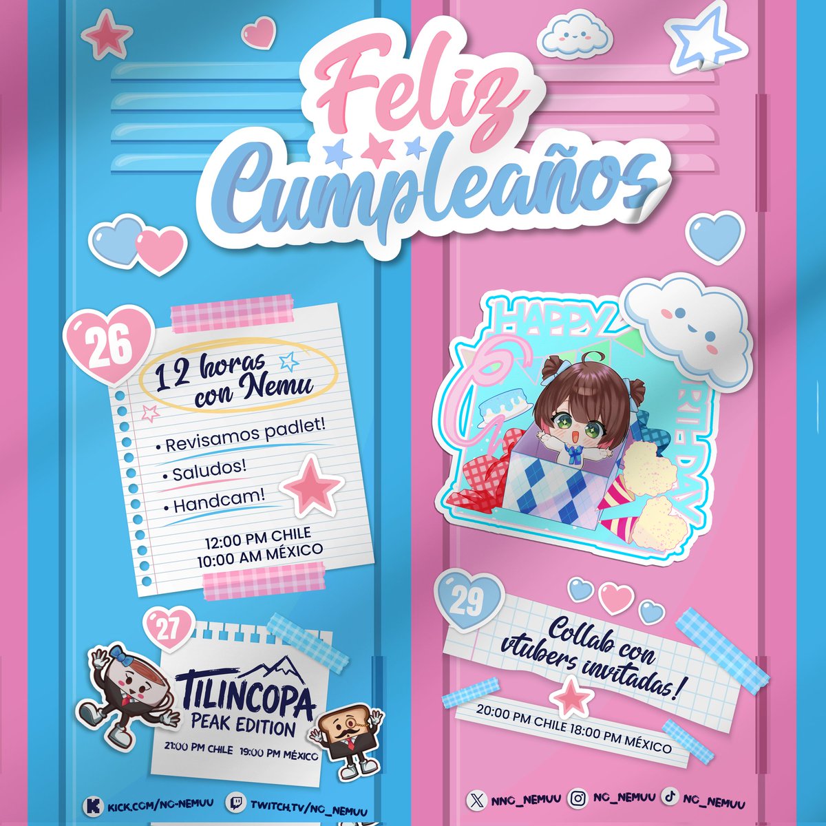 nno_nemuu's tweet image. 「NEMU BIRTHDAY FEST 🎂」
Tres días de festejo para que celebremos mi cumpleaños juntos!

Hoy iniciamos con un 12 horas en twitch.tv/no-nemuu ✨

• 27 de noviembre la TilinCopa ! 😱
• 29 Colaboración con vtubers invitadas ! 🫶🏻

No te pierdas este celebración 🫵🏻❕