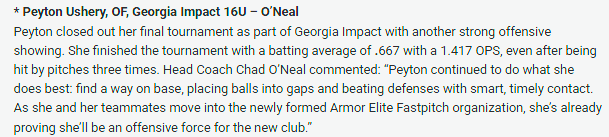 UsheryPeyton's tweet image. thank you @LineDsoftball for the All Tournament team recognition - proud to be on this list with so many of our @ArmorEliteFP girls!  #Represent #ArmorUp #ProvenElite #16uAllTournamentTeam @armoreliteoneal
