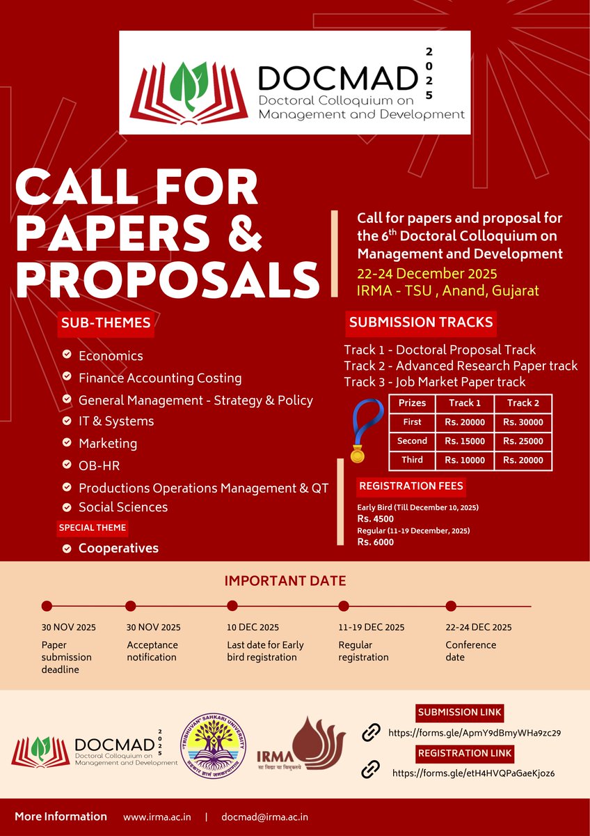 Final call from IRMA - TSU! Paper submission closes on the 30th. Please submit at the earliest.
Website Link: irma.ac.in/programmes/fpr…

<a href="/IRMAOfficial79/">Institute of Rural Management Anand (IRMA)</a> 
#researcher 
#Conference