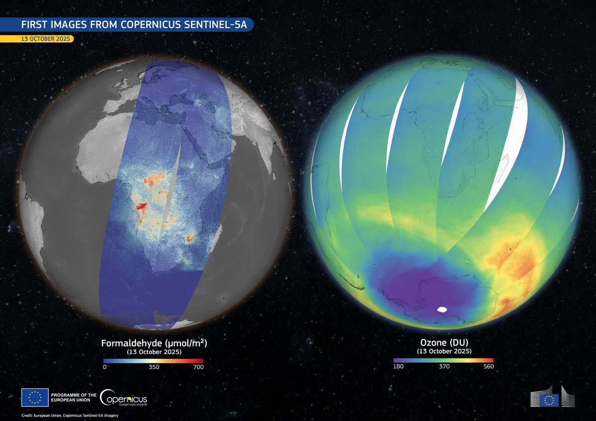 🛰️ #CopernicusEU Sentinel-5A has delivered its 1st images - a major step for monitoring air quality from space.

This #ImageOfTheDay shows 🌍 ozone  &amp; formaldehyde levels, revealing wildfire emissions in Africa &amp; the ozone hole over Antarctica.

🔗 copernicus.eu/en/media/image…
