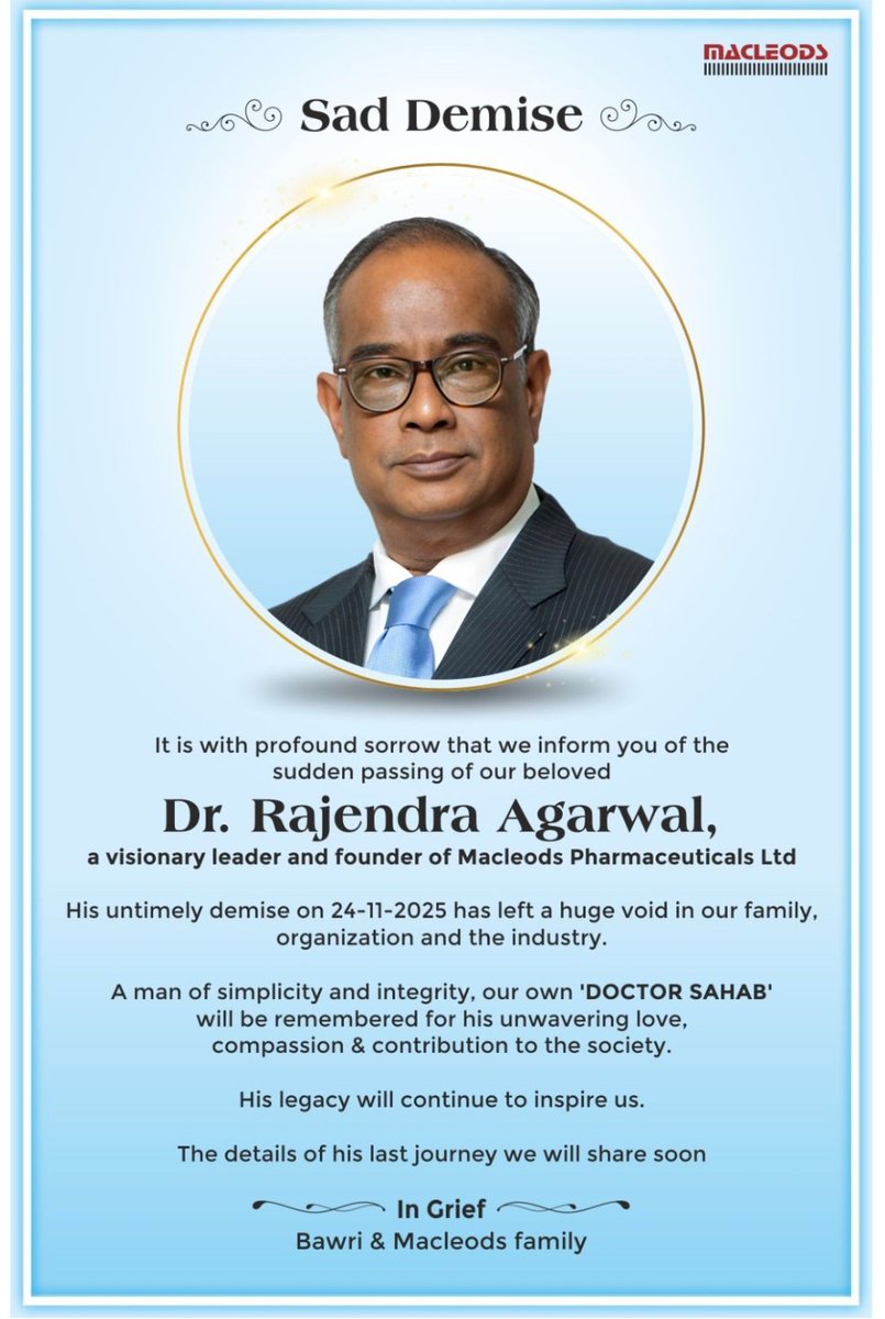 sandyappa's tweet image. A great leader will always be remembered, and their legacy will continue to live on. #macleodspharma #drrajendraagarwal #doctorsahab