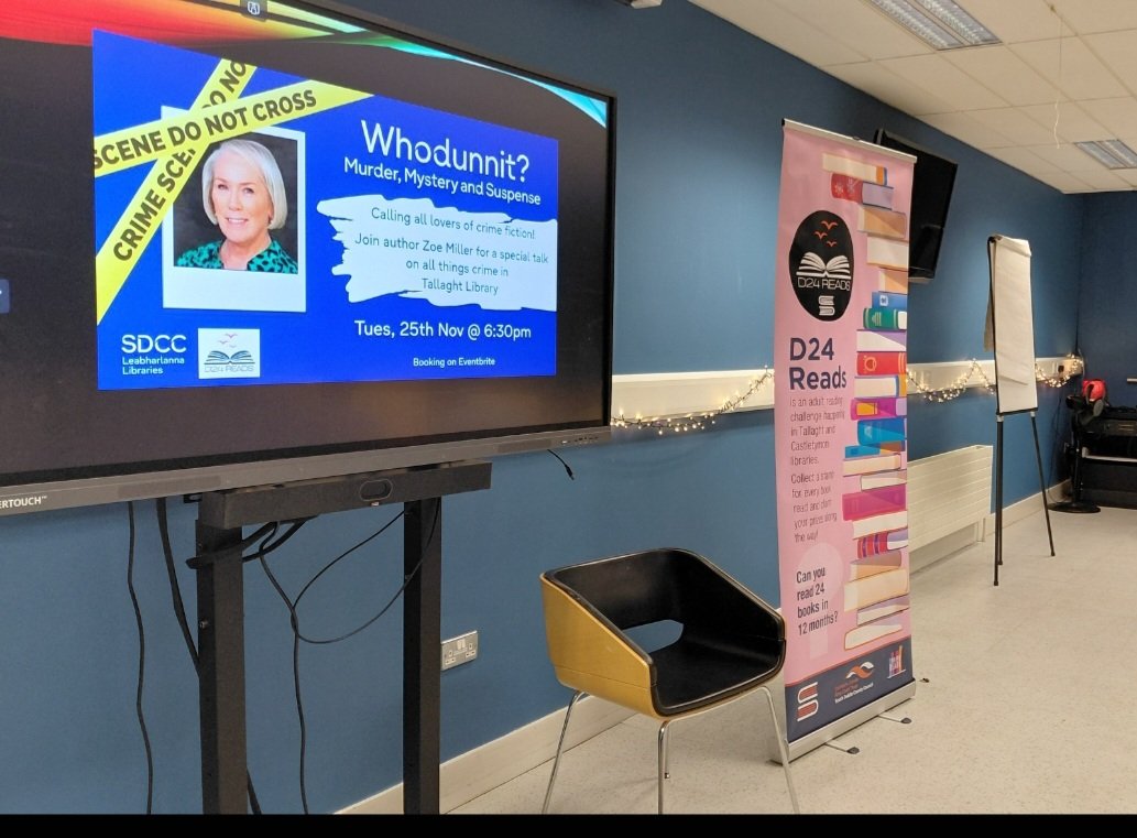 ZoeMillerAuthor's tweet image. A wonderful evening in Tallaght Library,all about crime fiction &amp;amp; part of the D24 reading campaign. Lovely to see book lovers coming along on a cold evening,thanks to the fab library crew for the set up. We&apos;re lucky to have this wonderful resource in our communities.@LibrariesIre