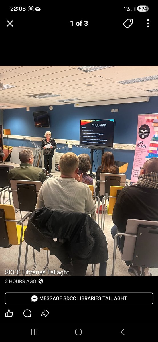 ZoeMillerAuthor's tweet image. A wonderful evening in Tallaght Library,all about crime fiction &amp;amp; part of the D24 reading campaign. Lovely to see book lovers coming along on a cold evening,thanks to the fab library crew for the set up. We&apos;re lucky to have this wonderful resource in our communities.@LibrariesIre