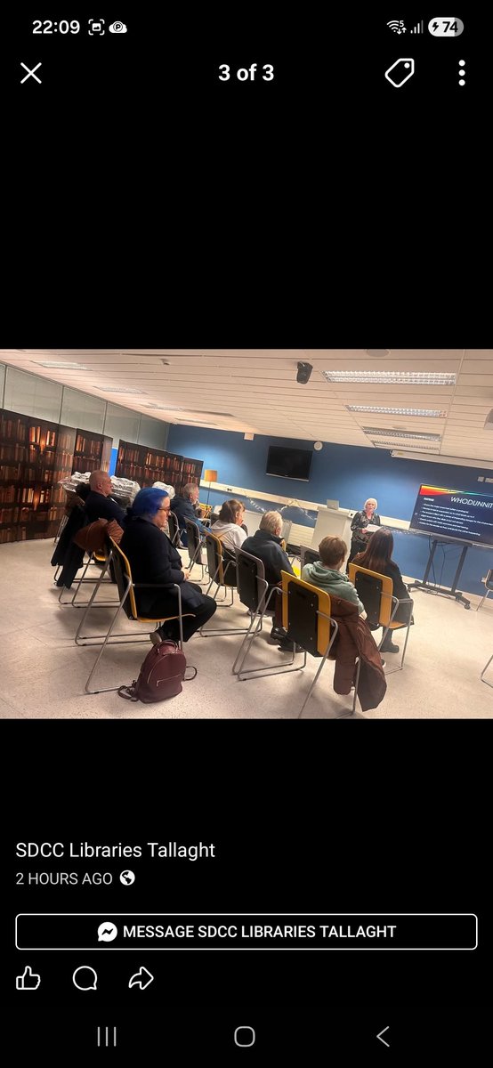 ZoeMillerAuthor's tweet image. A wonderful evening in Tallaght Library,all about crime fiction &amp;amp; part of the D24 reading campaign. Lovely to see book lovers coming along on a cold evening,thanks to the fab library crew for the set up. We&apos;re lucky to have this wonderful resource in our communities.@LibrariesIre
