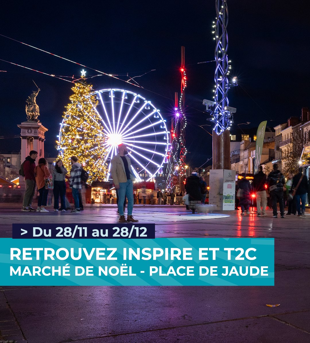 🎄 InspiRe et T2C s’installent au plus près du Marché de Noël !

À partir du vendredi 28 novembre, les équipes du projet InspiRe et de T2C vous accueilleront tous les jours au kiosque Tous à bord, installé place de Jaude, à proximité directe du marché de Noël.

Horaires :
Du