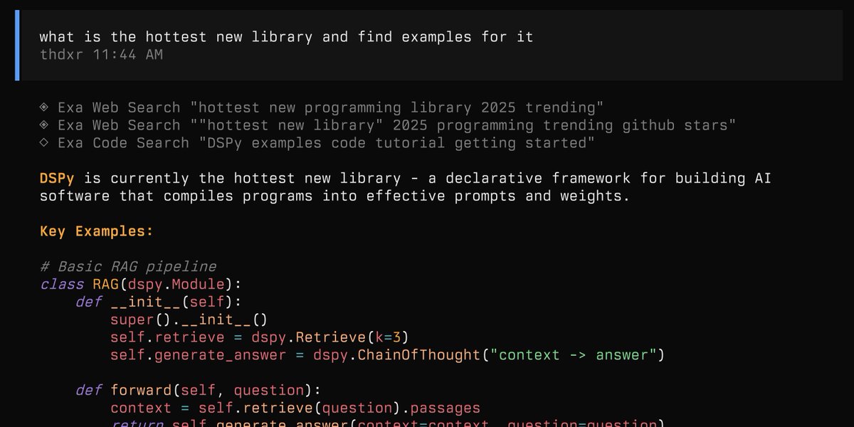 thdxr's tweet image. we&apos;ve added both a web search and code search tool to opencode powered by exa - it just works nothing to setup

now opencode can lookup examples of any library you&apos;re using