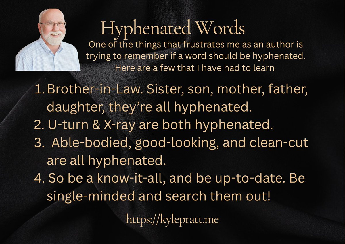 AuthorKylePratt's tweet image. Hyphens are often misused by new writers. They join words together when they function as a single adjective before a noun. So, if two or more words modify a noun and come before it, check if they should be hyphenated. #grammartips #Englishgrammar #indieauthors #KylePratt