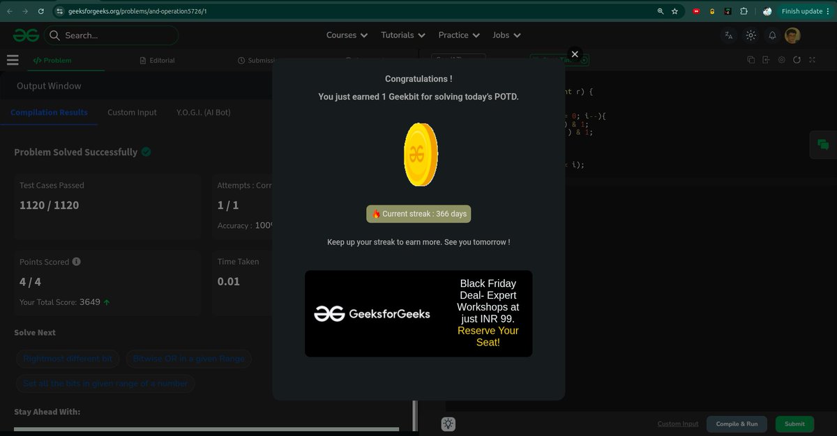 whyamihim's tweet image. Day - 366
Problem - AND operations
#gfg #geekstreak2025 #1000daysofcode