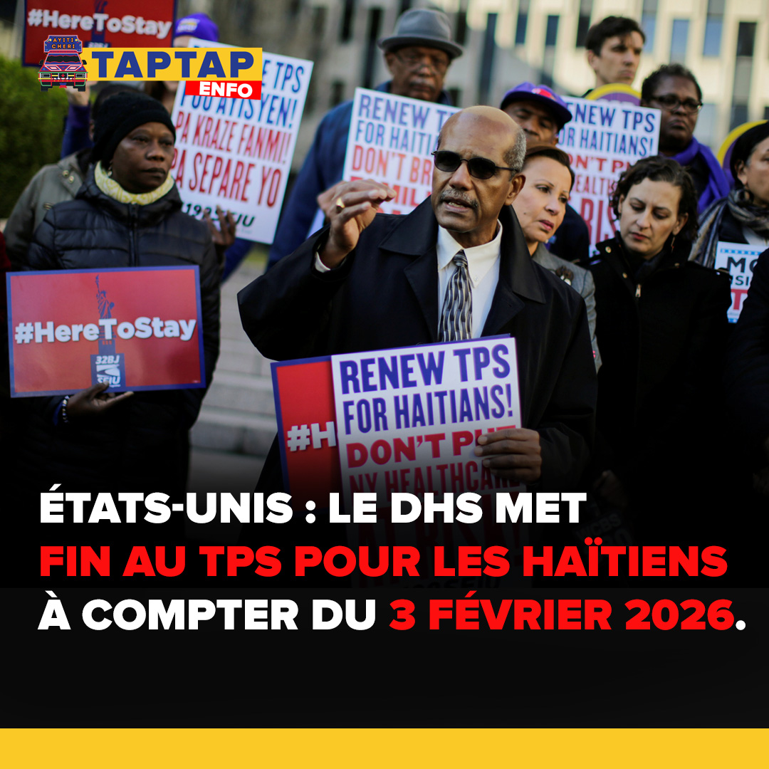 TapTapEnfo's tweet photo. États-Unis | Le DHS met fin au TPS pour Haïti à compter du 3 février 2026.
La décision, publiée dans le Federal Register, affirme qu’Haïti « ne répond plus aux critères du programme ».
Les bénéficiaires sans autre statut légal devront quitter le territoire.
Plus d’informations : https://t.co/AMF3fcnoX8