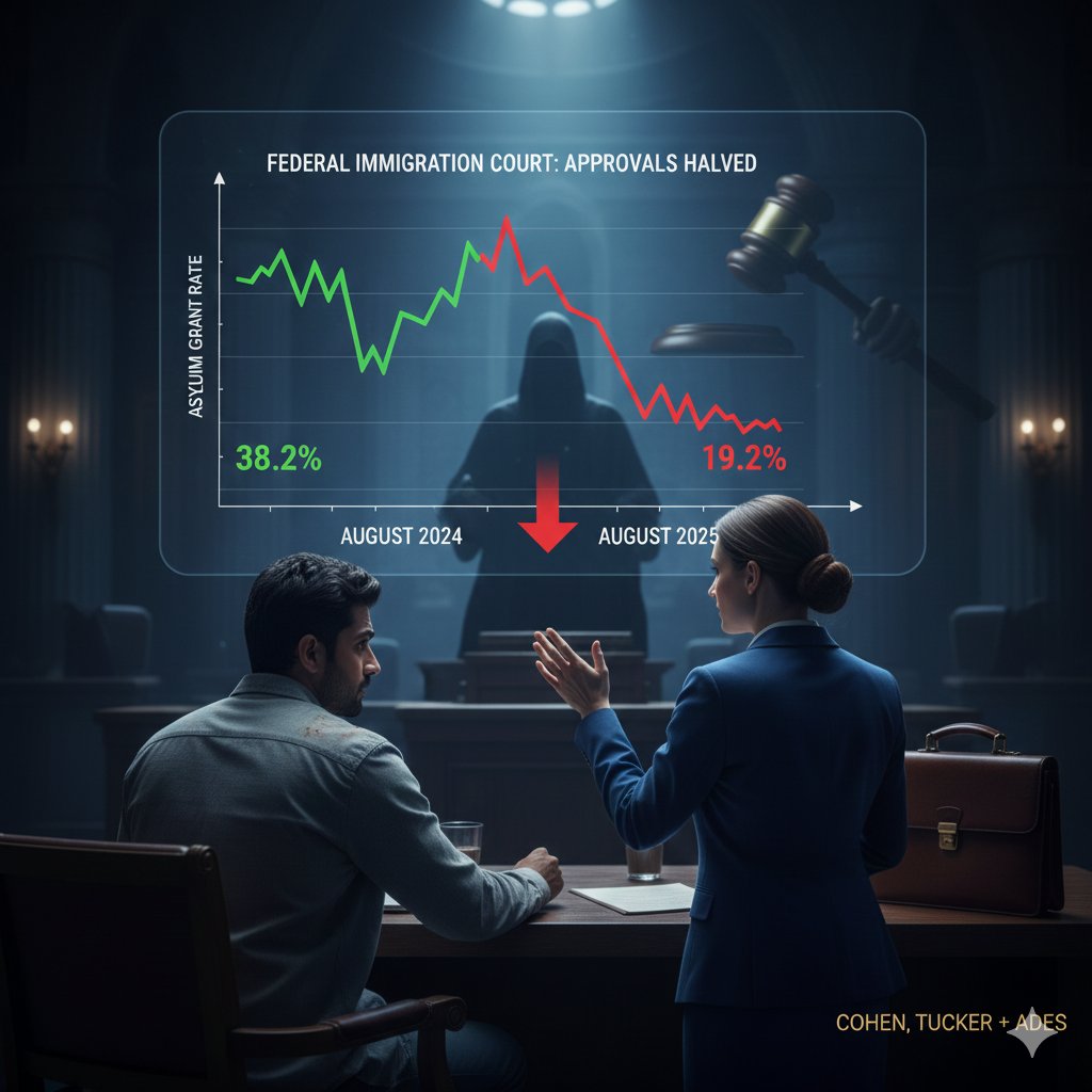 CohenTucker's tweet image. 🚨 Immigration Alert: Asylum Grant Rates Halved! 🚨

New TRAC data shows asylum approvals plummeted by 50% nationwide. Plus, extreme judge disparity means your legal counsel matters more than ever.

#Asylum #ImmigrationLaw #CohenTuckerAdes #LegalNews