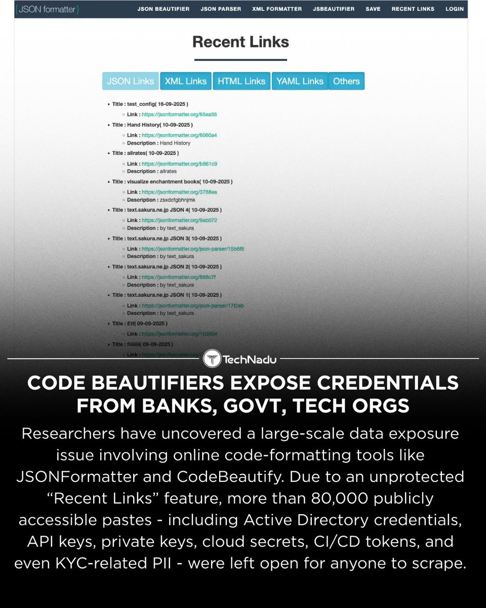 TechNadu's tweet image. Researchers found that code-beautifier tools like JSONFormatter &amp;amp; CodeBeautify exposed 80k+ public pastes containing credentials, API keys, private keys, PII &amp;amp; more - due to an unprotected “Recent Links” feature.

Even expired links were accessed by automated scanners.
Follow…