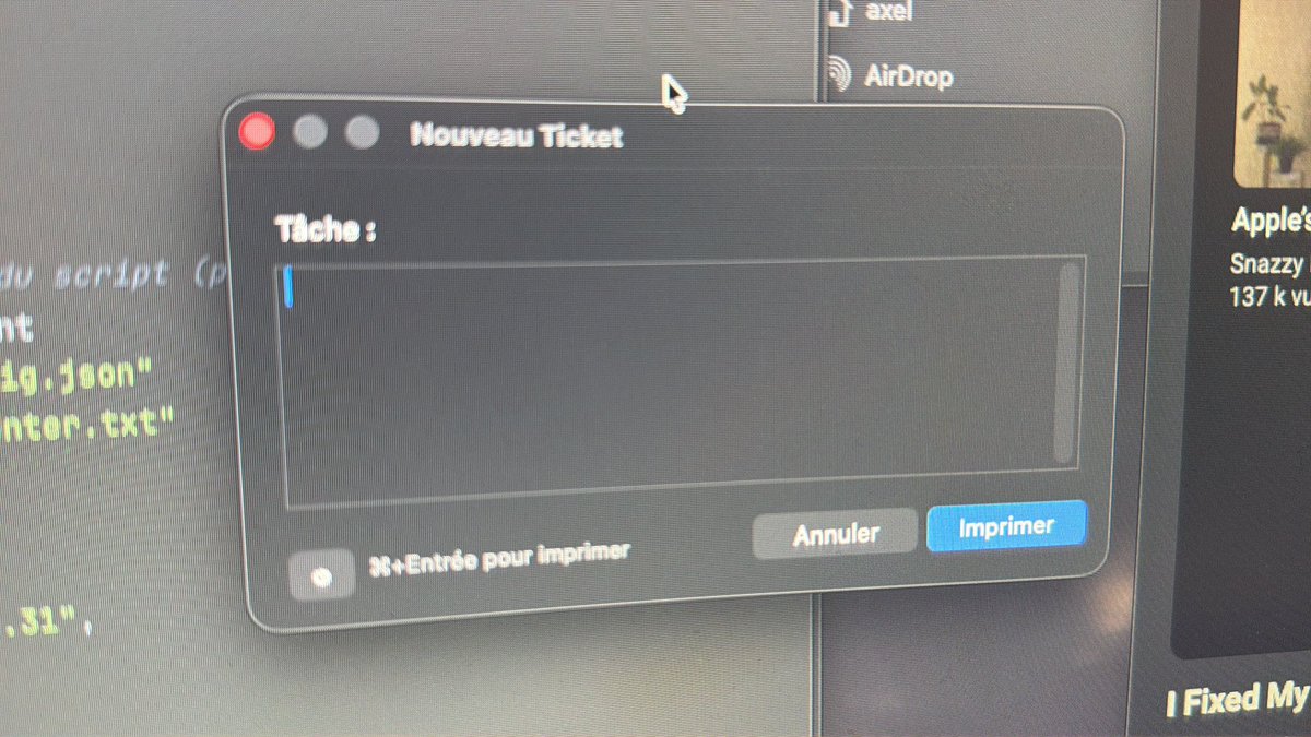sarddou's tweet image. Une heure à perdre cet après midi.
Je tombe sur une vidéo d’une fille qui se sert d’une imprimante à ticket pour gérer ses tâches.

En 20 minutes, on ressort la vieille Citizen qui traîne au bureau, un script python, un peu de Apple script et voilà !

Avec juste un clavier,…