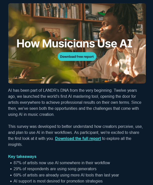 Org1997's tweet image. 87% of artists use AI somewhere in their workflow. Read more: landr.com/ai?utm_campaig…