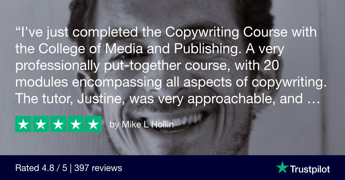 CollegeMediaPub's tweet image. Many of our #copywriting #course learners tell us that their experiences with us met or exceeded their expecthations! Read all of the reviews, here: collegeofmediaandpublishing.co.uk/copywriting-co… #testimonials #becomeacopywriter📒🖊 #5star 🎓