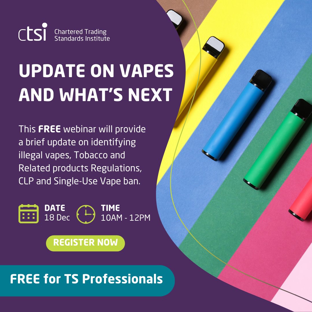 CTSI_UK's tweet image. New Webinar 📢 Update on Vapes and What&apos;s Next

FREE for all Trading Standards professionals, this webinar is suitable for those involved in tobacco, nicotine and vape control.

📆 Thursday 18 December from 10AM - 12PM
Register now: ow.ly/LJwS50XxAv0

#Training #Webinar