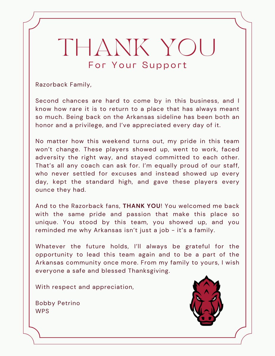 CoachBPetrino's tweet image. Thank you, Razorback Nation!! #WPS