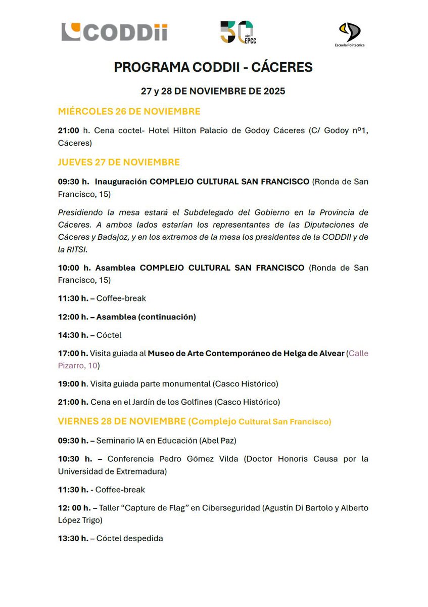 pablogarguez's tweet image. Hoy en #Cáceres tenemos la recepción del plenario de la @coddii_org (Conferencia de Directores y Decanos de Ingeniería Informática), con la inauguración mañana jueves junto con la @ritsi (Reunión de Estudiantes de Ingenierías Técnicas y Superiores en Informática) hasta el viernes