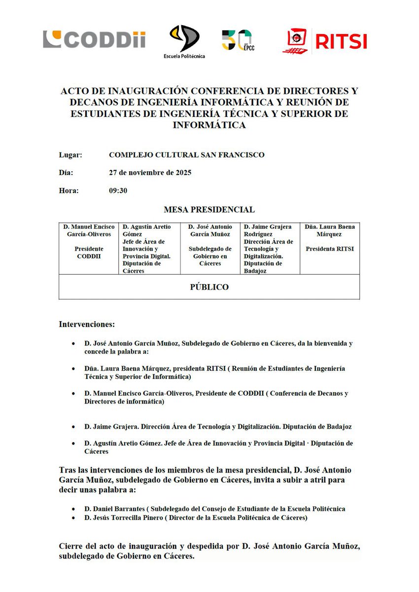 pablogarguez's tweet image. Hoy en #Cáceres tenemos la recepción del plenario de la @coddii_org (Conferencia de Directores y Decanos de Ingeniería Informática), con la inauguración mañana jueves junto con la @ritsi (Reunión de Estudiantes de Ingenierías Técnicas y Superiores en Informática) hasta el viernes