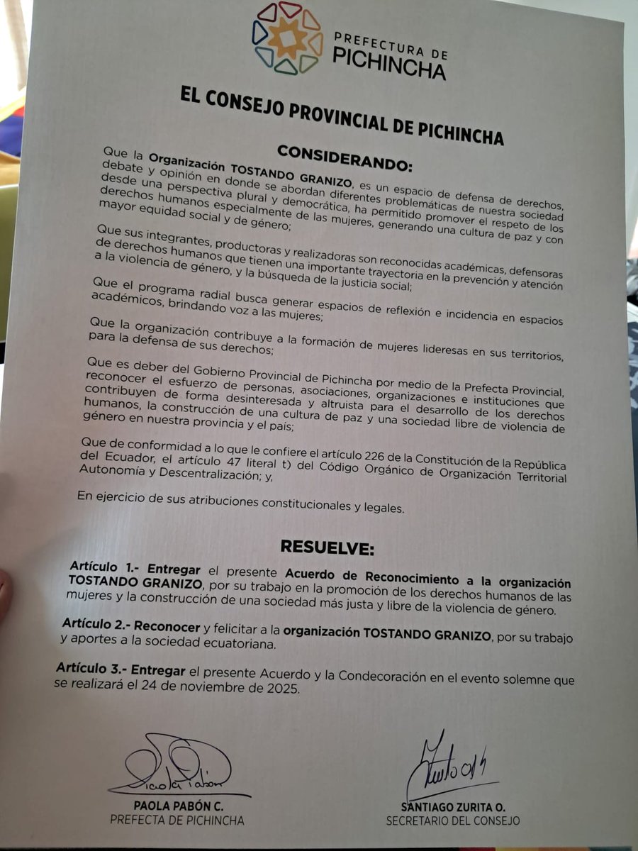 A propósito del #25N, este lunes Tostando Granizo recibió un reconocimiento de la <a href="/PichinchaGob/">Prefectura de Pichincha</a> por nuestro trabajo dando voz a las mujeres en el análisis político.  

Nacimos como podcast en el 2023 para visibilizar la potencia de las voces femeninas y aportar a un debate