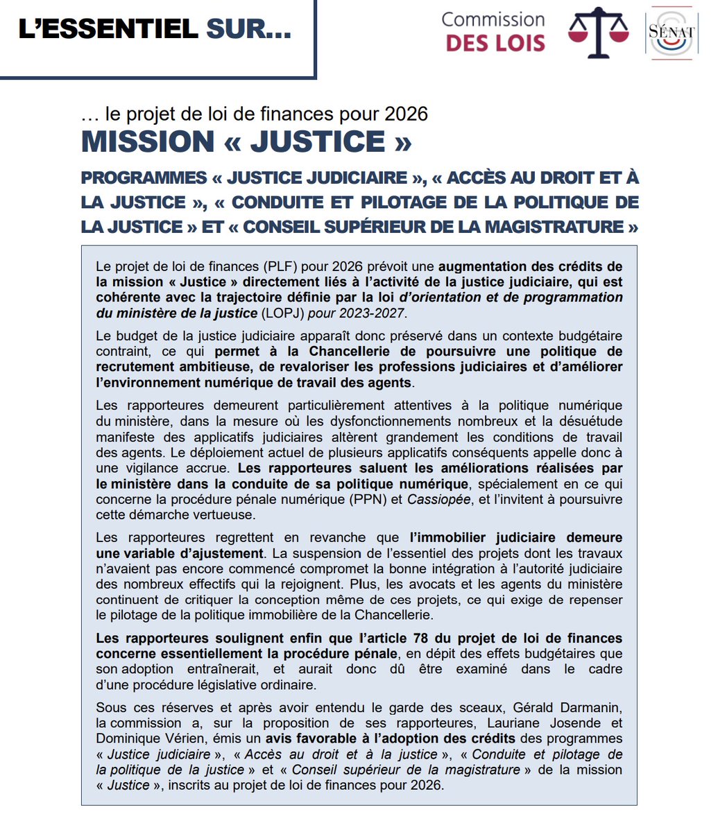 Budget de la Justice ⚖

J’ai présenté ce matin avec ma Collègue Dominique Verien, en Commission des Lois, notre rapport pour avis relatif aux crédits accordés à la Justice dans le cadre du Projet de Loi de Finances 2026 📄

Si le Budget de la Justice est un des rares en