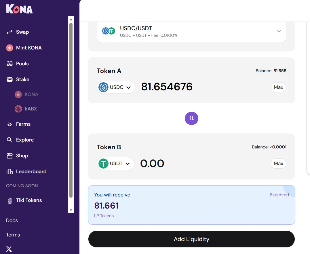 web3wikis's tweet image. You can add single side LP to the USDT USDC pool on @KonaDeFi to earn Kona XP and Abstract Chain XP.

I tried trading predictions on Myriad Markets and let me ask, anyone knows what the fee is like on Myriad Markets.

The fee felt very high compared to what I experience on…