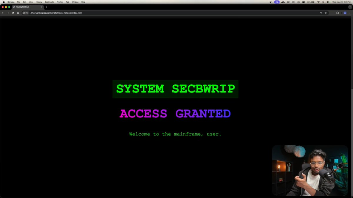 stackarnav's tweet image. 📅Day 51 | Cohort 2.0 | @sheryians_
Today&apos;s session with @ankurdotio unlocked some wild frontend effects 😭🔥

We built:
✨ Flash spotlight effect
🟩 Matrix text hover effect (part-1)

And learned:
🔤 split(), join(), map()
🎨 custom CSS effects
⚙️ setProperty() for dynamic…