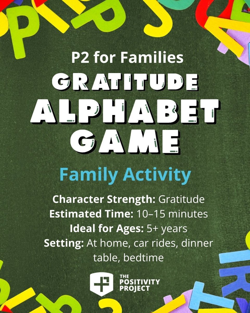 PosProject's tweet image. Heading into Thanksgiving, try this no-materials gratitude game on your next long drive: name something you’re grateful for with each letter of the alphabet!

Sign up for our family newsletter for more simple, meaningful ways to grow character at home: posproject.org/how-it-works/f……