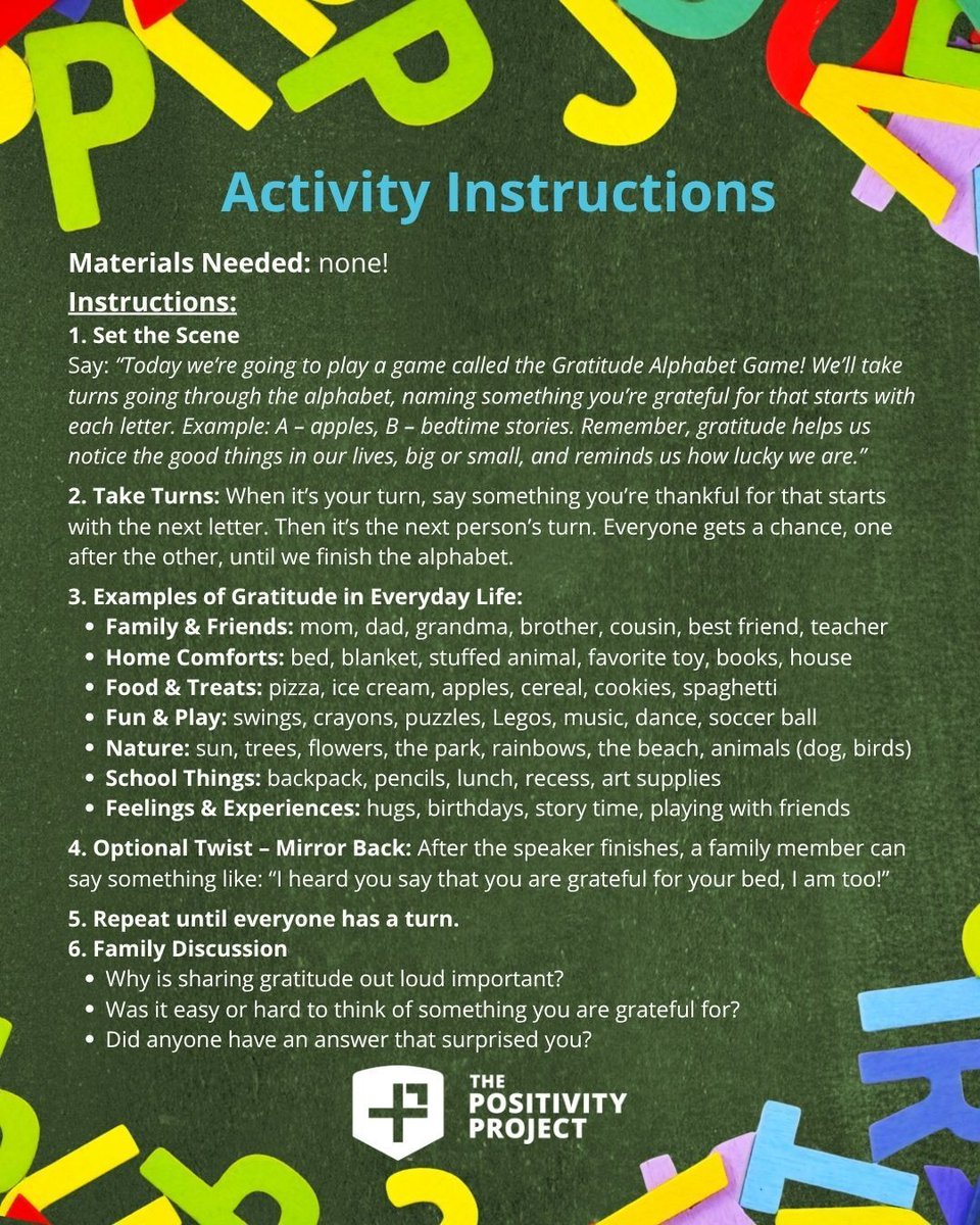 PosProject's tweet image. Heading into Thanksgiving, try this no-materials gratitude game on your next long drive: name something you’re grateful for with each letter of the alphabet!

Sign up for our family newsletter for more simple, meaningful ways to grow character at home: posproject.org/how-it-works/f……