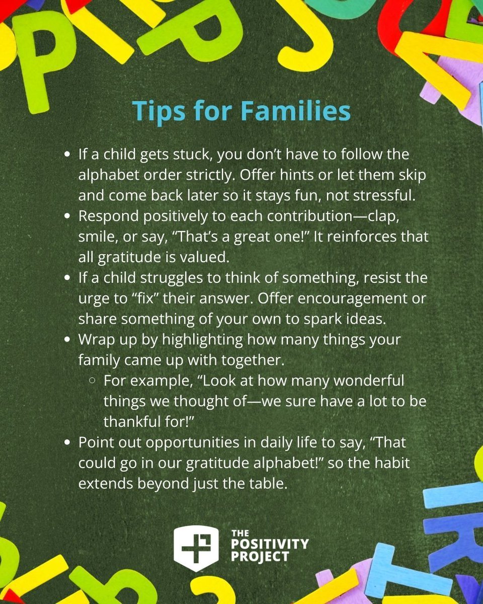 PosProject's tweet image. Heading into Thanksgiving, try this no-materials gratitude game on your next long drive: name something you’re grateful for with each letter of the alphabet!

Sign up for our family newsletter for more simple, meaningful ways to grow character at home: posproject.org/how-it-works/f……