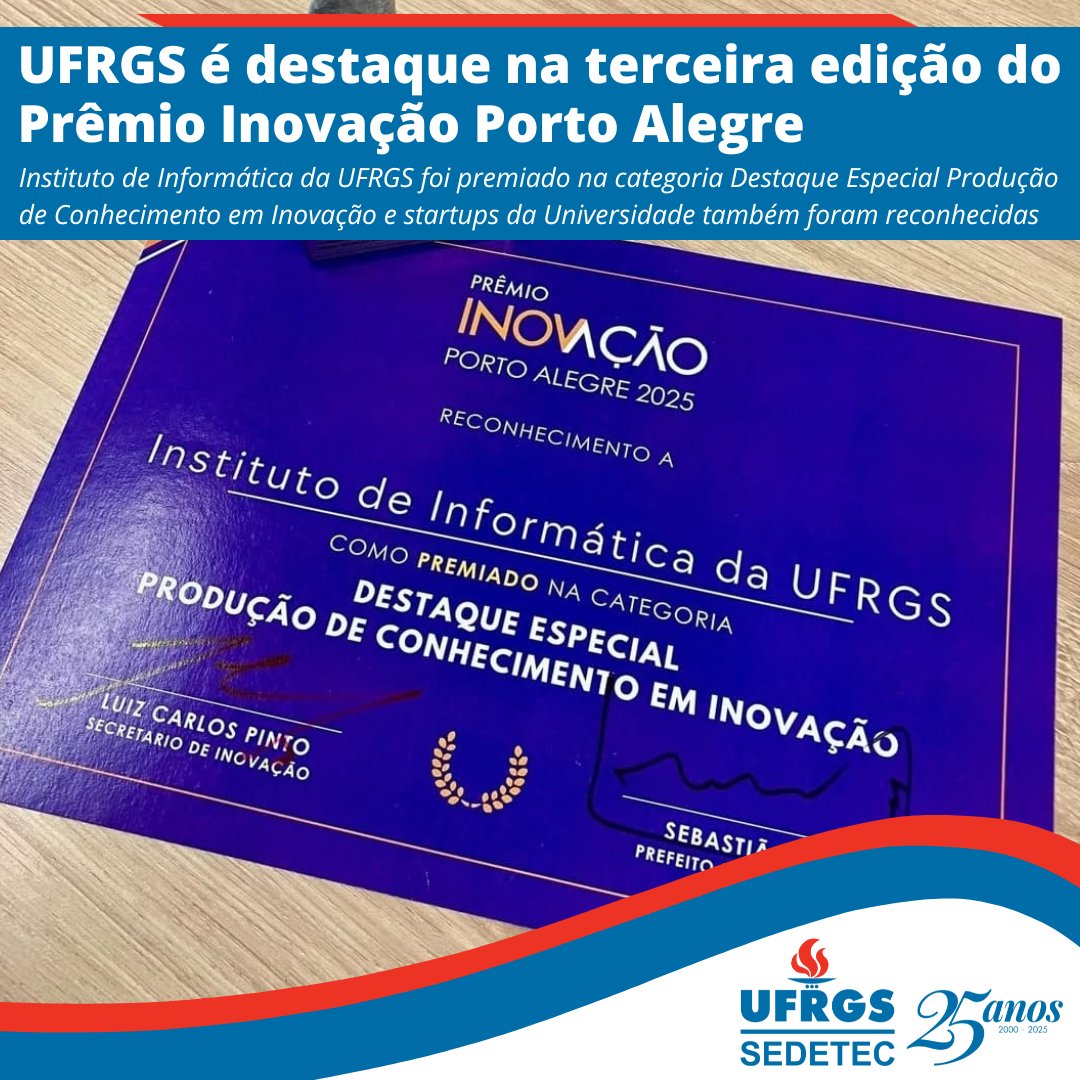 UFRGS é destaque na terceira edição do Prêmio Inovação Porto Alegre

Instituto de Informática da UFRGS foi premiado na categoria Destaque Especial Produção de Conhecimento em Inovação e startups da Universidade também foram reconhecidas.

Saiba mais aqui: ufrgs.br/sedetec/ufrgs-…