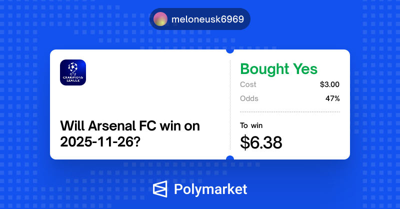 leelopal74's tweet photo. Trying it for the first time @Polymarket  
Let's see how well Arsenal can perform xD https://t.co/kZwq8nBF2W