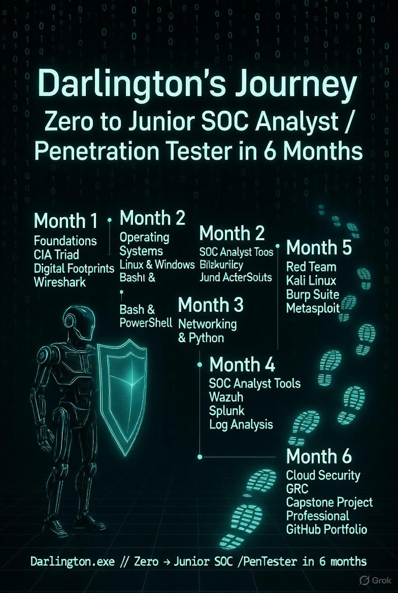 Iam_Darlpraiz's tweet image. Hey, I’m Darlington,

A few weeks ago I knew literally nothing about cybersecurity.   Zero certs. Zero experience. Just curiosity and a laptop.
Now I’m locked in with @TSAcademyOnline on a 6-month mission to go from complete beginner → Junior SOC Analyst / Penetration Tester