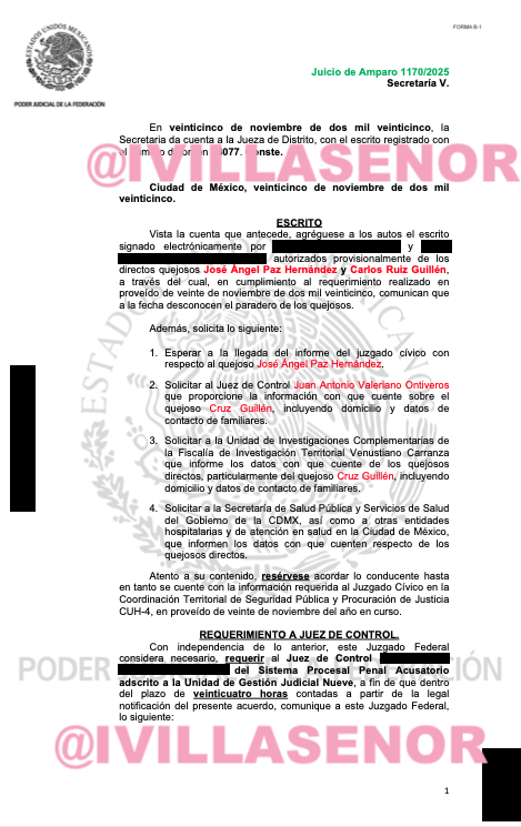 ivillasenor's tweet image. 🚨 | Juez da ultimátum de 24 horas para localizar a detenidos del 15N

Después de más de diez días sin información, la defensa de José Ángel Paz y Carlos Cruz Guillén notificó al juez del Amparo 1170/2025 que “desconoce el paradero” de ambos jóvenes.

Ante esto, el juez ordenó al…
