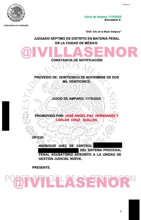 ivillasenor's tweet image. 🚨 | Juez da ultimátum de 24 horas para localizar a detenidos del 15N

Después de más de diez días sin información, la defensa de José Ángel Paz y Carlos Cruz Guillén notificó al juez del Amparo 1170/2025 que “desconoce el paradero” de ambos jóvenes.

Ante esto, el juez ordenó al…