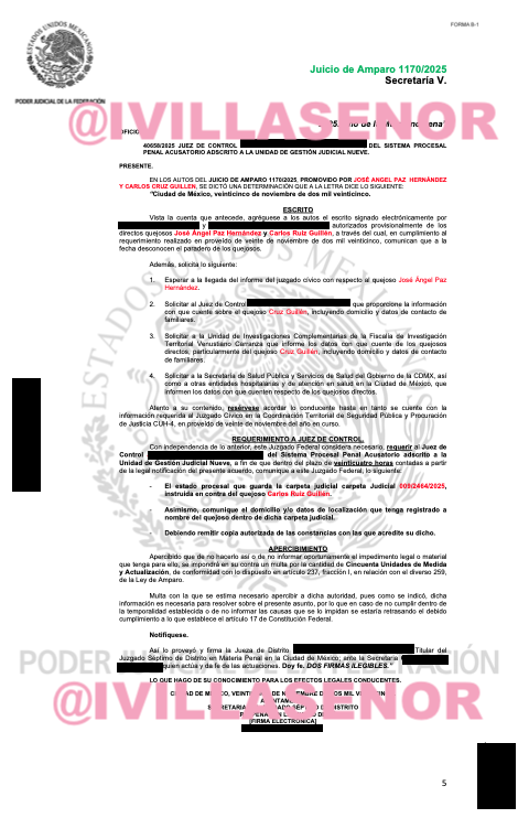 ivillasenor's tweet image. 🚨 | Juez da ultimátum de 24 horas para localizar a detenidos del 15N

Después de más de diez días sin información, la defensa de José Ángel Paz y Carlos Cruz Guillén notificó al juez del Amparo 1170/2025 que “desconoce el paradero” de ambos jóvenes.

Ante esto, el juez ordenó al…