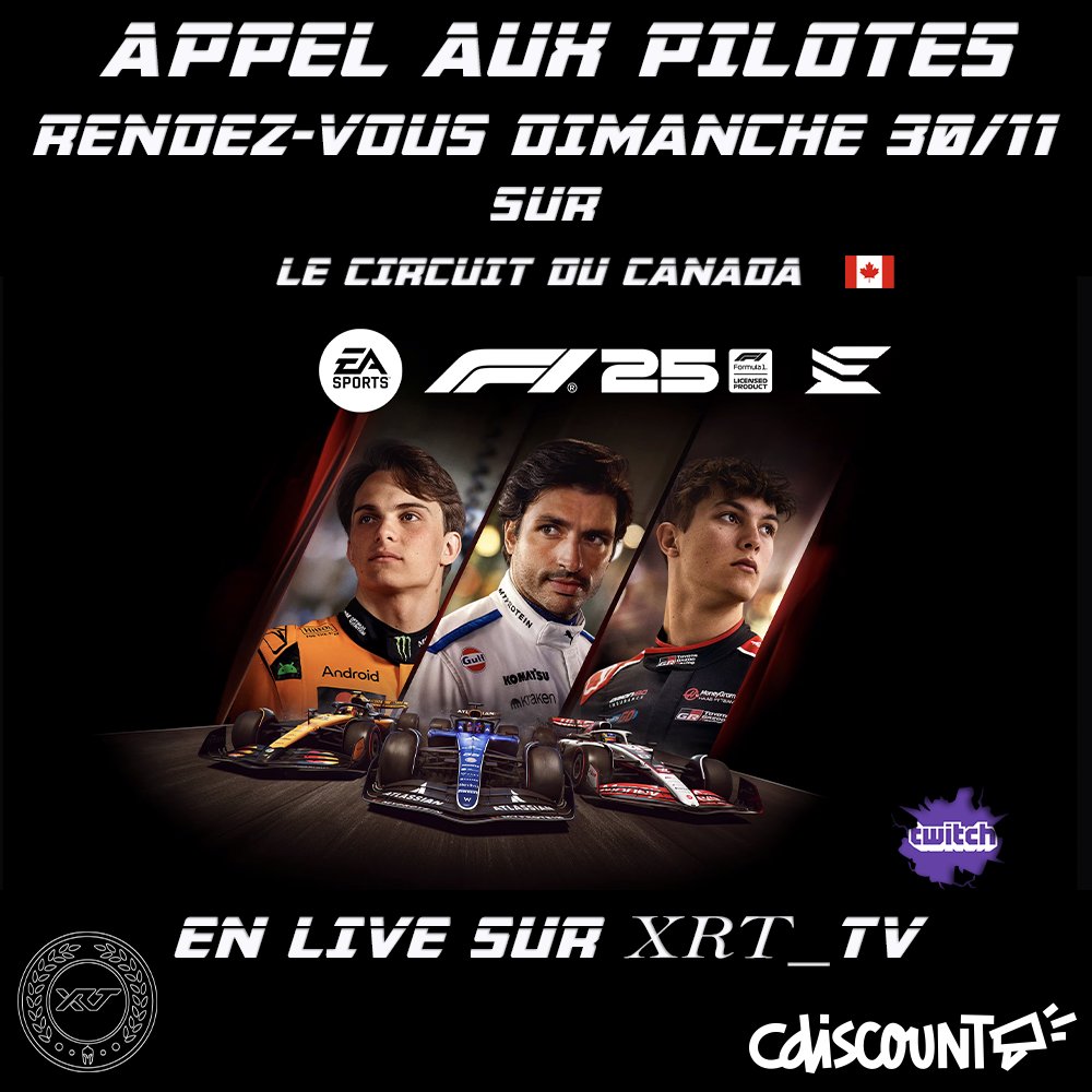 XRTracingteam's tweet photo. F1 25 | Course Compétitive |
DIM 30/11 Places disponibles Course & Championnat Discord : https://t.co/XL9ytfw1ue
Embarque tous tes potes simracers la grille vous attend !
@Cdiscount #Racing #SimRacer #SimRacingCommunity #f1 https://t.co/luOrjGMb2c
