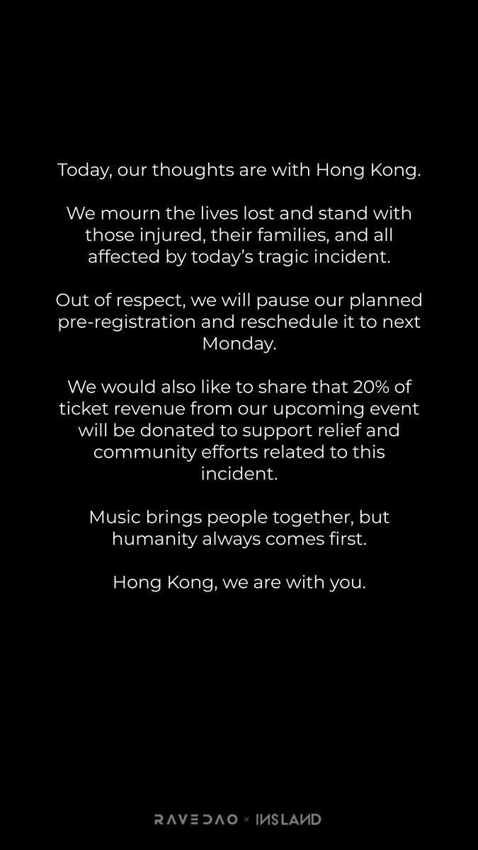 RaveDAO's tweet image. Today, our thoughts are with Hong Kong.
We mourn the lives lost and stand with those injured, their families, and all affected by today’s tragic incident.

Out of respect, we will pause our planned pre-registration and reschedule it to next Monday.

We would also like to share…