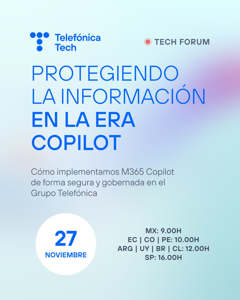TelefonicaTech's tweet image. ⏳ ¡Últimas horas para apuntarte!

Mañana, 27 de noviembre, descubre cómo se ha implantado M365 Copilot de forma segura y gobernada en todo el Grupo @Telefonica: gestión del oversharing, DLP, etiquetado y buenas prácticas reales desde dentro.

🔗 Regístrate aquí 👉…