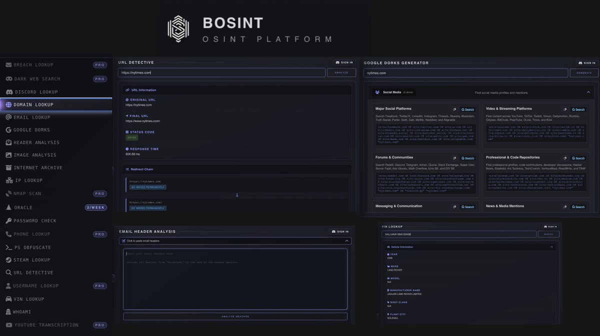 cyb_detective's tweet image. BOSINT OSINT PLATFORM

Online intelligence toolkit (most tools are free):

URL detective
Google dorks generator
domain lookup
Email headers analysis
Discord ID lookup
Domain lookup

app.bosint.gg