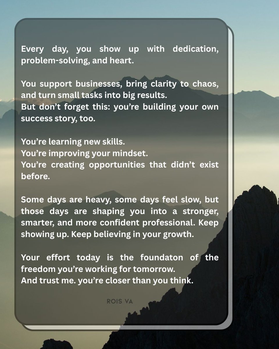 f_daep93900's tweet image. Being a Virtual Assistant is more than a career. it’s a reminder that dreams grow when you’re brave enough to start.

#VirtualAssistantLife #VAInspiration #VirtualAssistantPH #OnlineCareer #MotivationForVAs