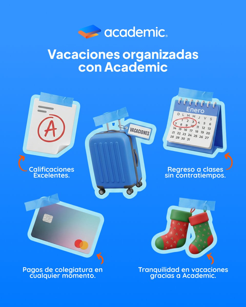 somosacademic's tweet image. ¿Estás listo para las vacaciones? ¡#Academic te acompaña!
Estas vacaciones aprovéchalas para gestionar la carga administrativa. Asegura un regreso a clases organizado y fluido. 🧐✅ 

Encuéntranos en redes como @somosacademic y descubre cómo transformar tu gestión educativa. 📲