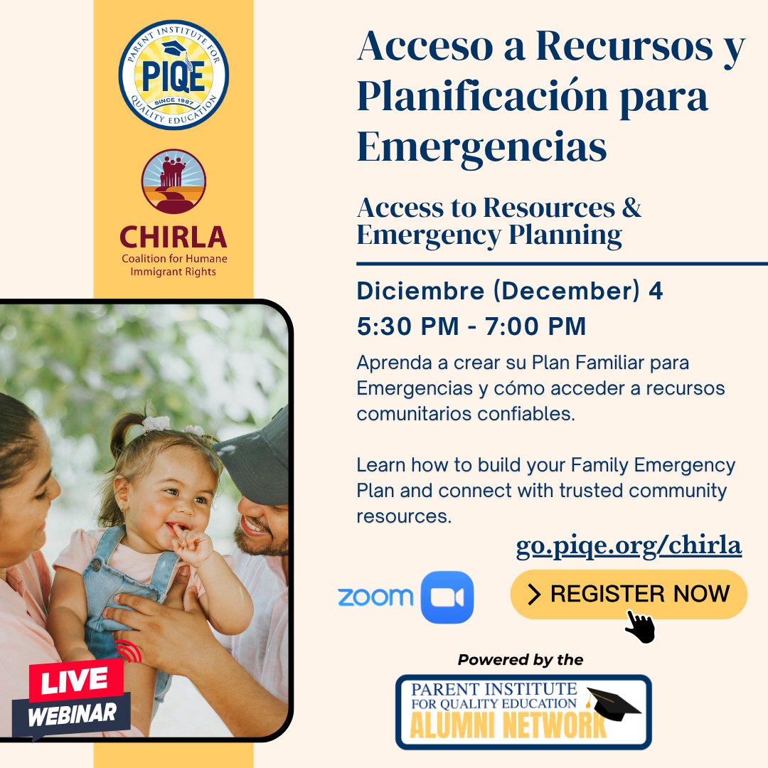 Nuestro próximo seminario ya se acerca. Acompañe a PIQE (<a href="/PIQEUSA/">PIQE</a>) y CHIRLA (<a href="/CHIRLA/">CHIRLA</a>) el jueves 4 de diciembre a las 5:30 PM en “Acceso a Recursos y Planificación para Emergencias.” Aprenda a crear su Plan de Preparación Familiar para Emergencias, organizar documentos importantes