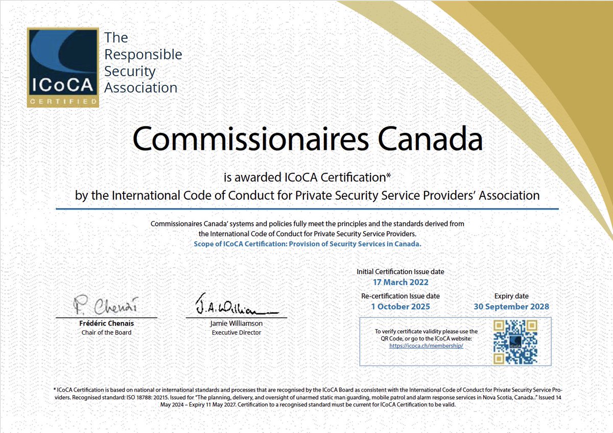 Nous sommes fiers d’annoncer que Commissionnaires a encore une fois obtenu une certification de l’#ICoCA et demeure le seul fournisseur canadien de services de sécurité à atteindre cette norme mondiale.

 <a href="/icoca_psc/">International Code of Conduct Association (ICoCA)</a>